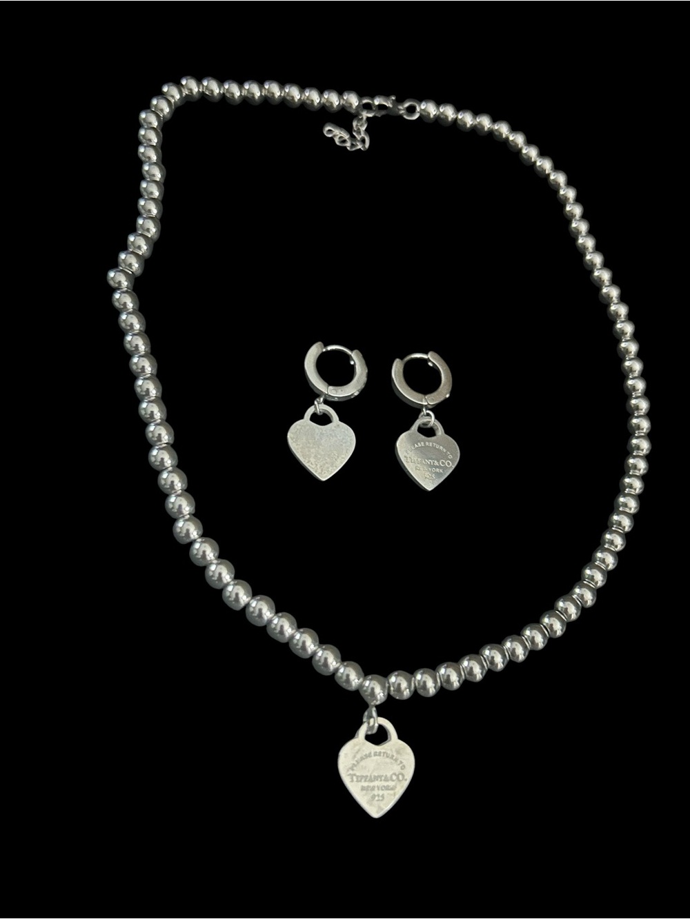 Silver Beaded Necklace with Heart Tag and Matching Hoop Earrings